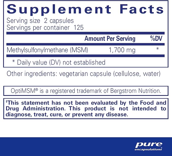 Pure Encapsulations MSM Capsules | Sulfur Supplement to Support Joints, Immune System, Connective Tissue, and Respiratory Health* | 250 Capsules